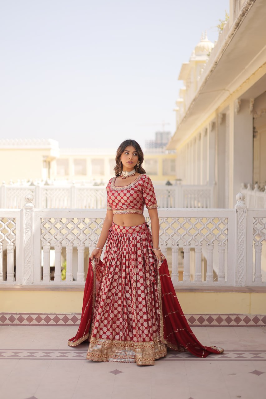 Lorenvalley Maroon Pure Viscose Jacquard with Embroidered Sequins work Lehenga Choli | Swadesiicart