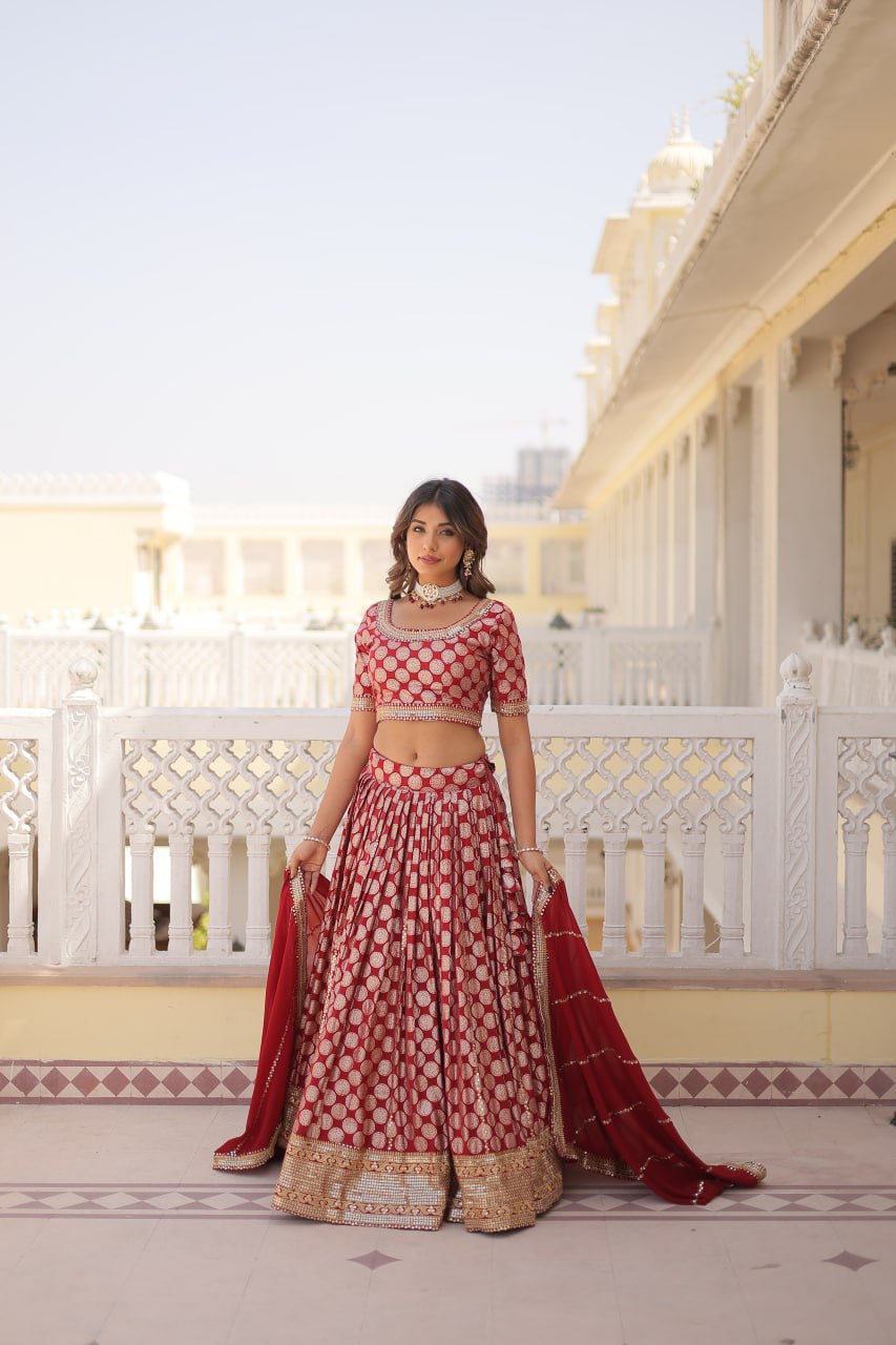 Lorenvalley Maroon Pure Viscose Jacquard with Embroidered Sequins work Lehenga Choli | Swadesiicart