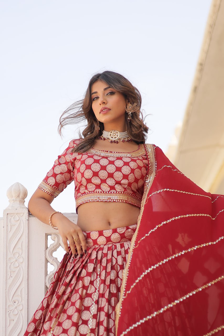 Lorenvalley Maroon Pure Viscose Jacquard with Embroidered Sequins work Lehenga Choli | Swadesiicart