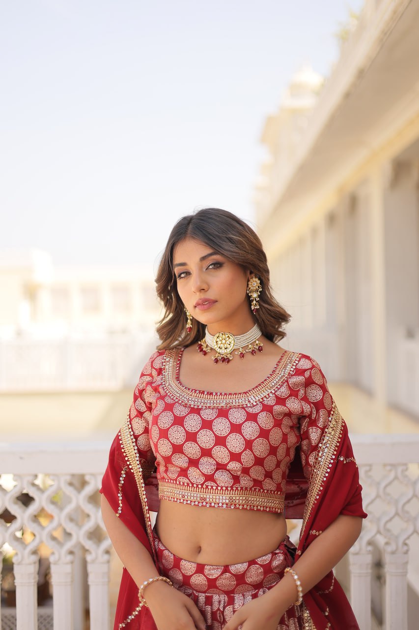 Lorenvalley Maroon Pure Viscose Jacquard with Embroidered Sequins work Lehenga Choli | Swadesiicart