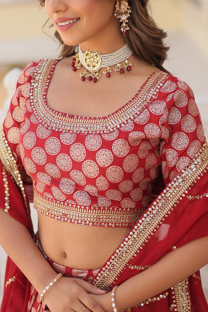 Lorenvalley Maroon Pure Viscose Jacquard with Embroidered Sequins work Lehenga Choli | Swadesiicart