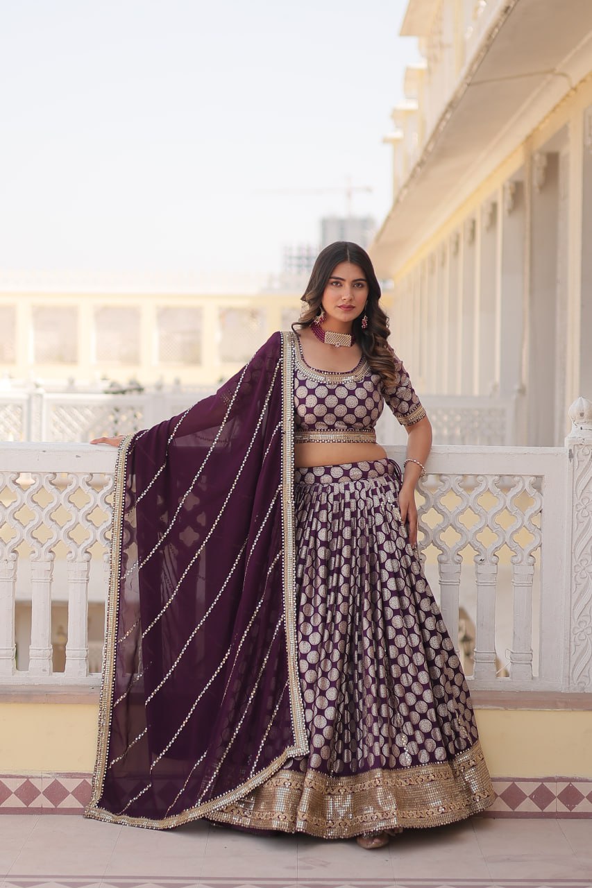 Lorenvalley Purple Pure Viscose Jacquard with Embroidered Sequins work Lehenga Choli | Swadesiicart