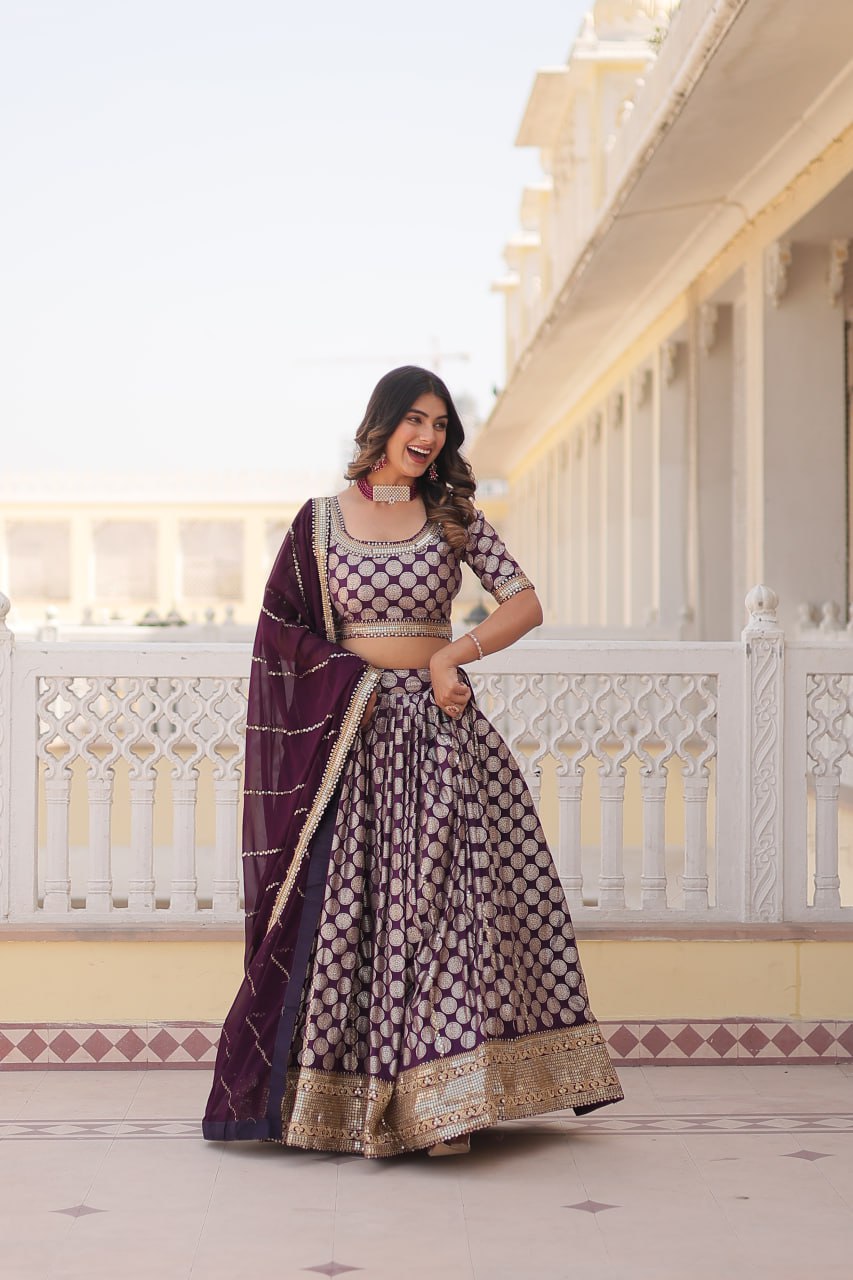 Lorenvalley Purple Pure Viscose Jacquard with Embroidered Sequins work Lehenga Choli | Swadesiicart