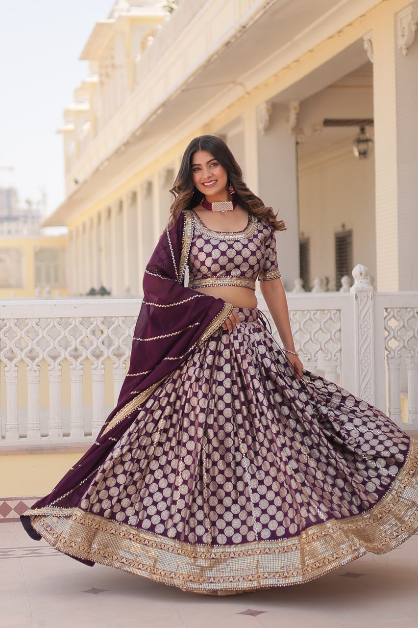 Lorenvalley Purple Pure Viscose Jacquard with Embroidered Sequins work Lehenga Choli | Swadesiicart
