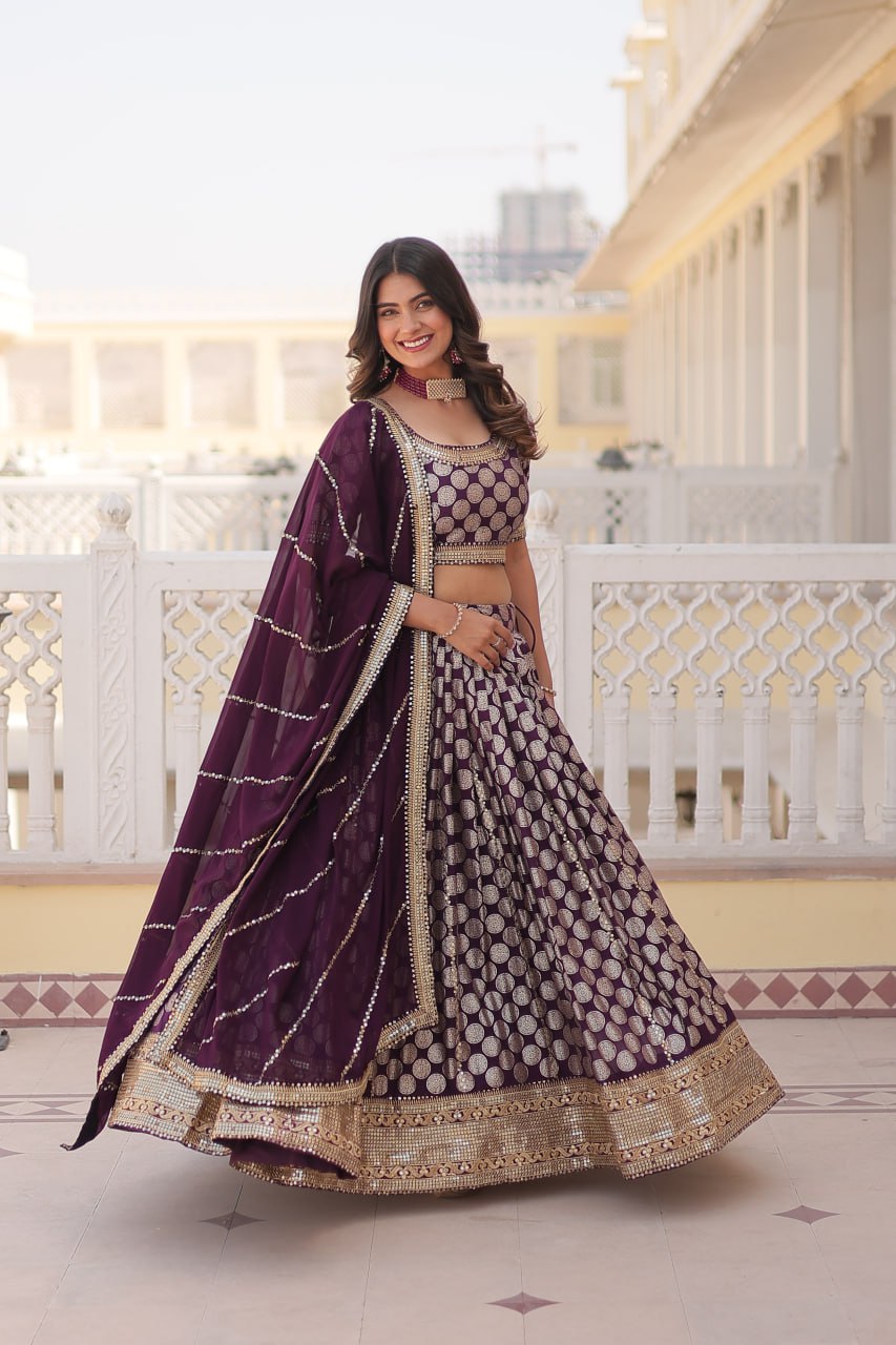 Lorenvalley Purple Pure Viscose Jacquard with Embroidered Sequins work Lehenga Choli | Swadesiicart