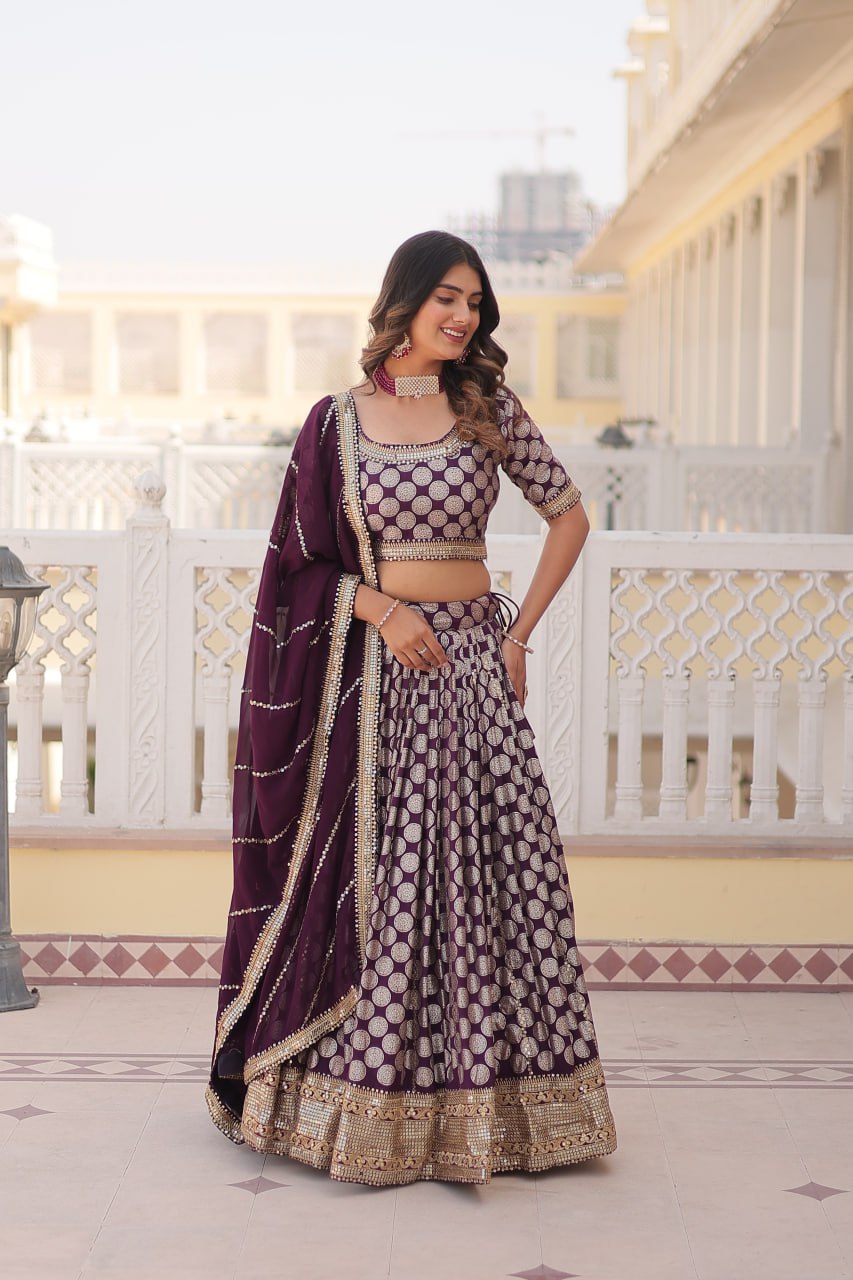 Lorenvalley Purple Pure Viscose Jacquard with Embroidered Sequins work Lehenga Choli | Swadesiicart