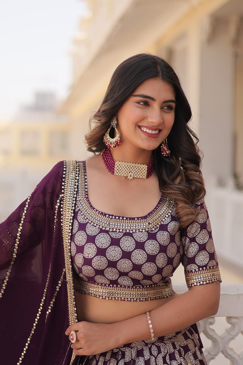 Lorenvalley Purple Pure Viscose Jacquard with Embroidered Sequins work Lehenga Choli | Swadesiicart