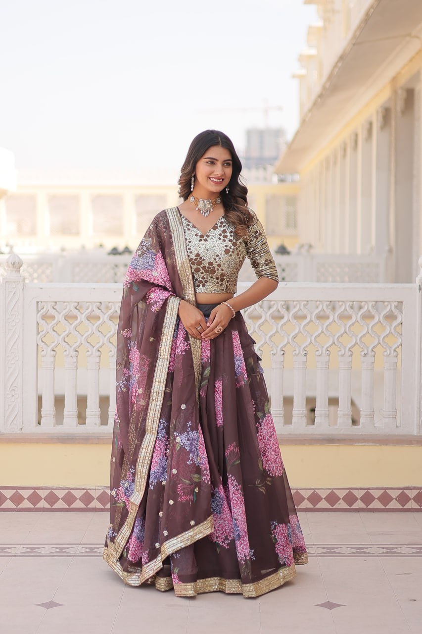 Lorenvalley Brown Russian Silk Digital Printed with Embroidered Sequins work Lehenga Choli | Swadesiicart