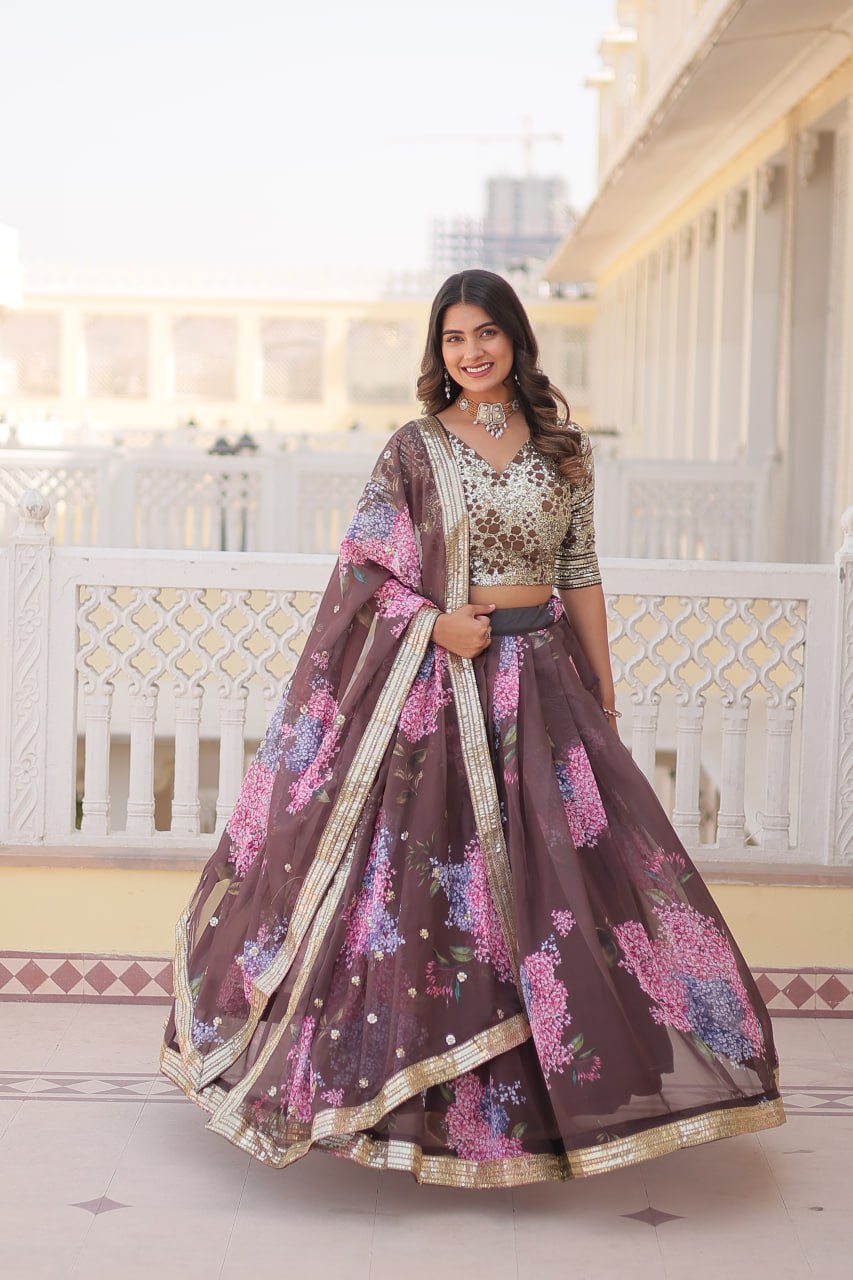Lorenvalley Brown Russian Silk Digital Printed with Embroidered Sequins work Lehenga Choli | Swadesiicart
