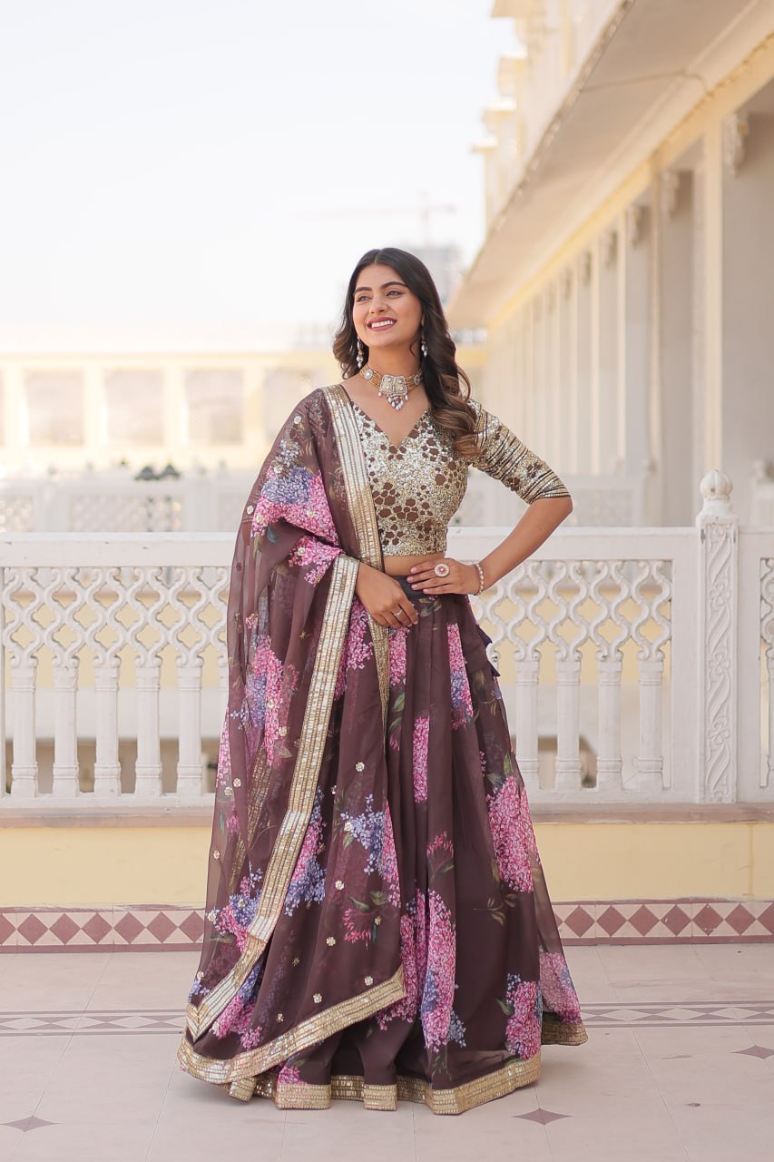 Lorenvalley Brown Russian Silk Digital Printed with Embroidered Sequins work Lehenga Choli | Swadesiicart