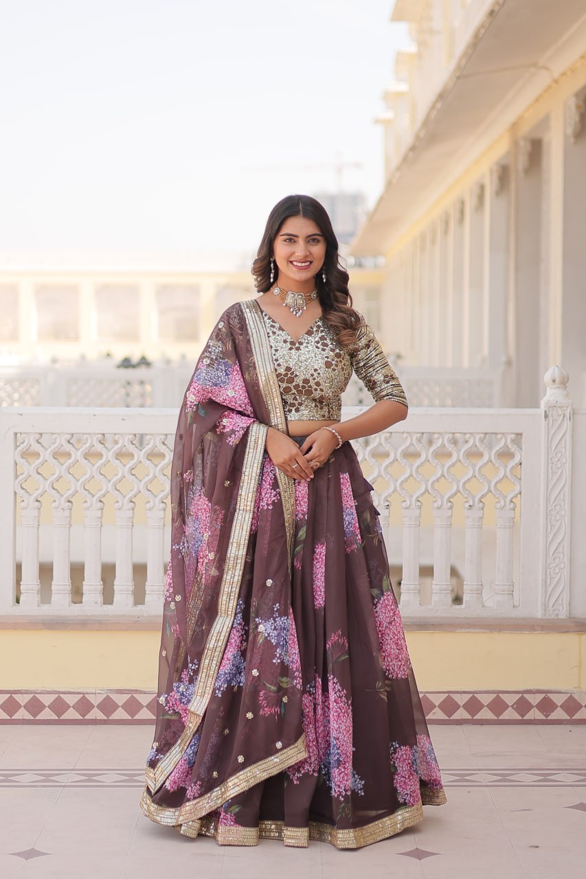 Lorenvalley Brown Russian Silk Digital Printed with Embroidered Sequins work Lehenga Choli | Swadesiicart