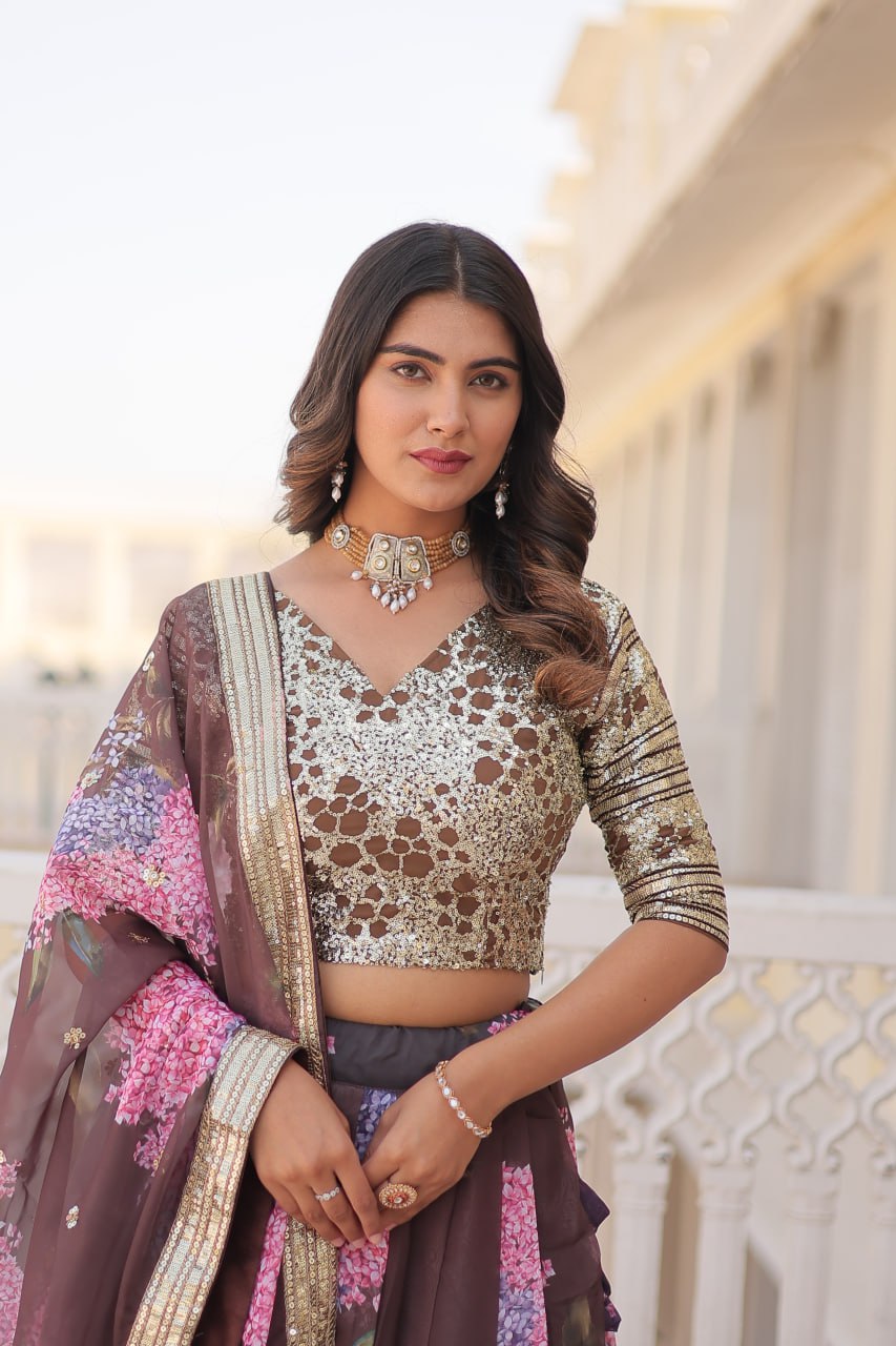 Lorenvalley Brown Russian Silk Digital Printed with Embroidered Sequins work Lehenga Choli | Swadesiicart