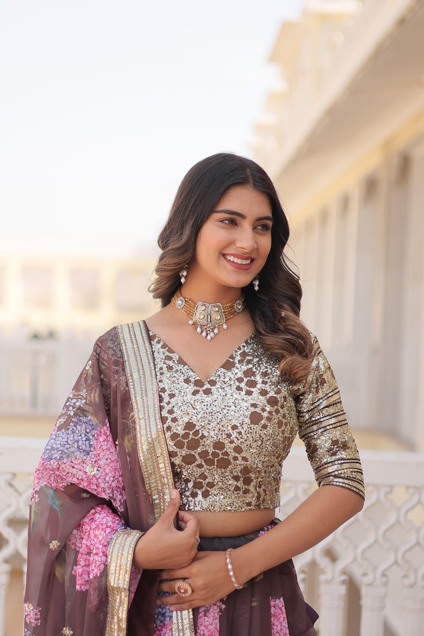Lorenvalley Brown Russian Silk Digital Printed with Embroidered Sequins work Lehenga Choli | Swadesiicart