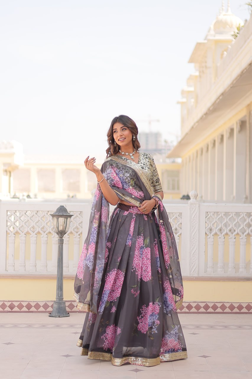 Lorenvalley Grey Russian Silk Digital Printed with Embroidered Sequins work Lehenga Choli | Swadesiicart