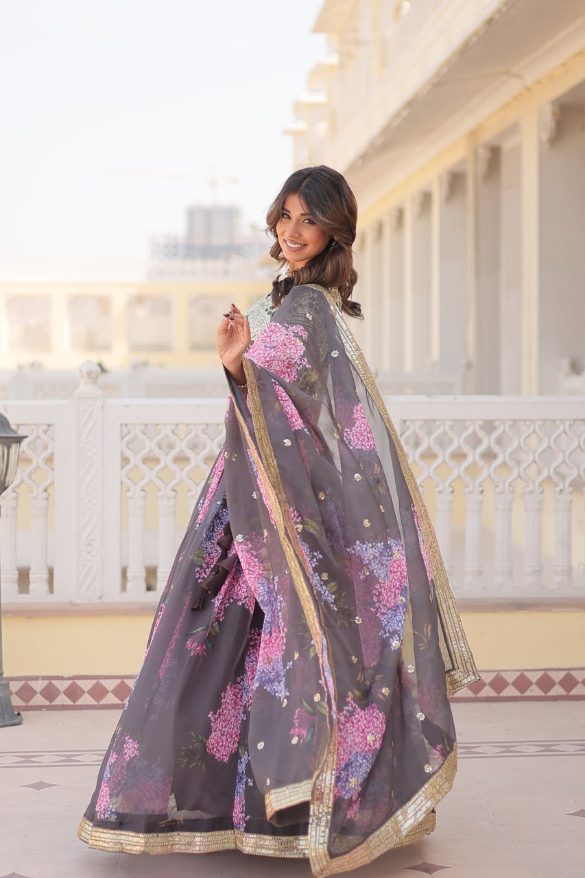 Lorenvalley Grey Russian Silk Digital Printed with Embroidered Sequins work Lehenga Choli | Swadesiicart