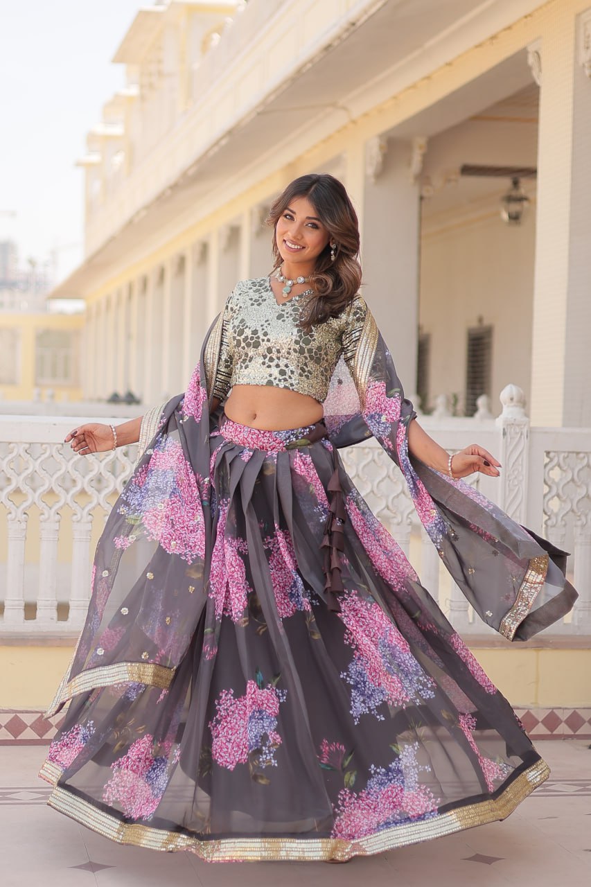 Lorenvalley Grey Russian Silk Digital Printed with Embroidered Sequins work Lehenga Choli | Swadesiicart