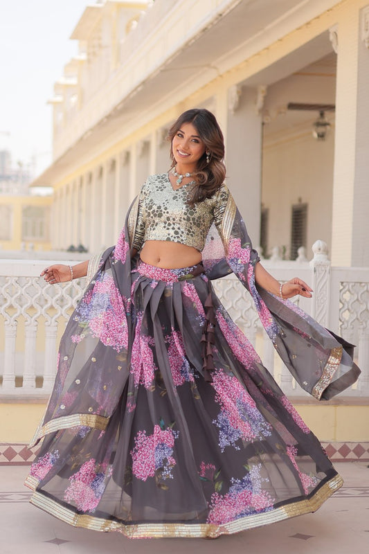Lorenvalley Grey Russian Silk Digital Printed with Embroidered Sequins work Lehenga Choli | Swadesiicart