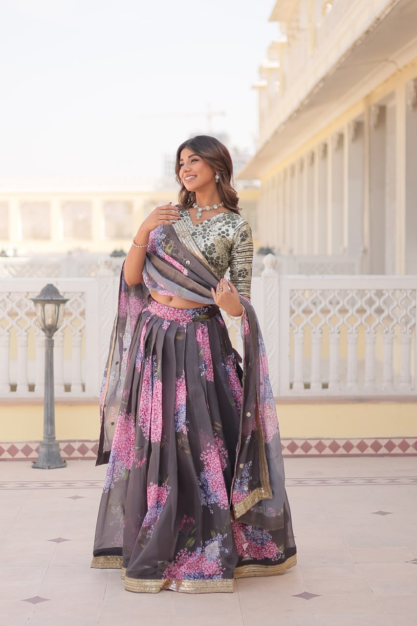 Lorenvalley Grey Russian Silk Digital Printed with Embroidered Sequins work Lehenga Choli | Swadesiicart