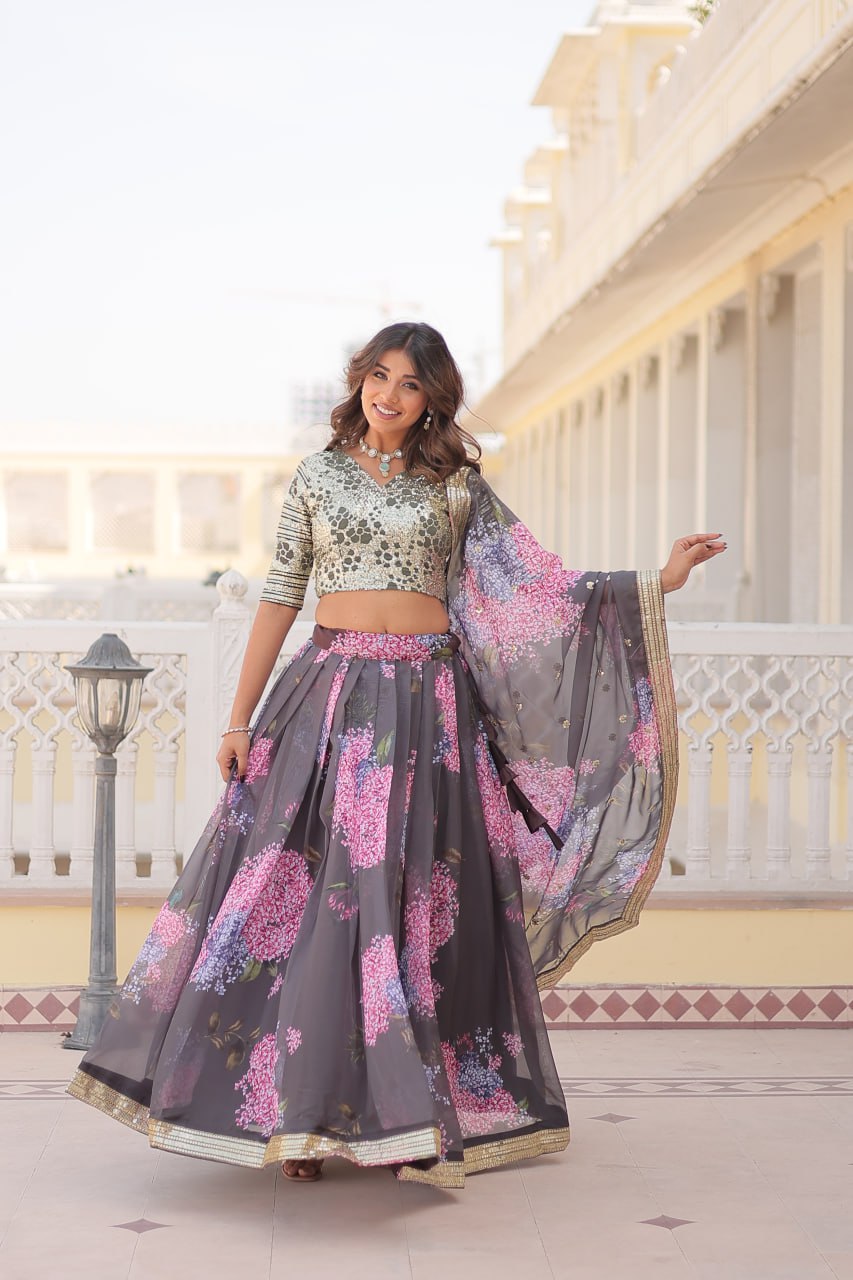 Lorenvalley Grey Russian Silk Digital Printed with Embroidered Sequins work Lehenga Choli | Swadesiicart