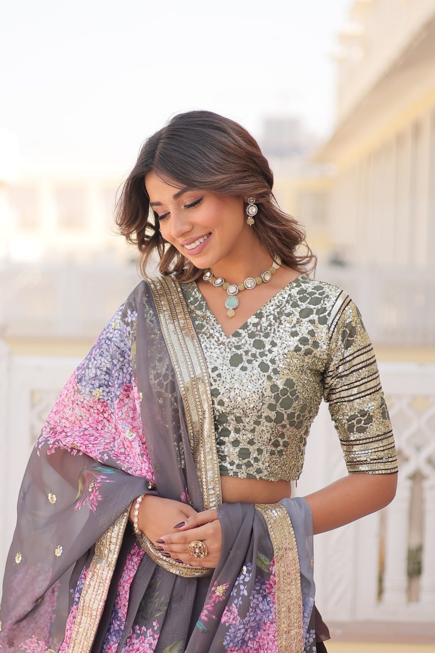 Lorenvalley Grey Russian Silk Digital Printed with Embroidered Sequins work Lehenga Choli | Swadesiicart