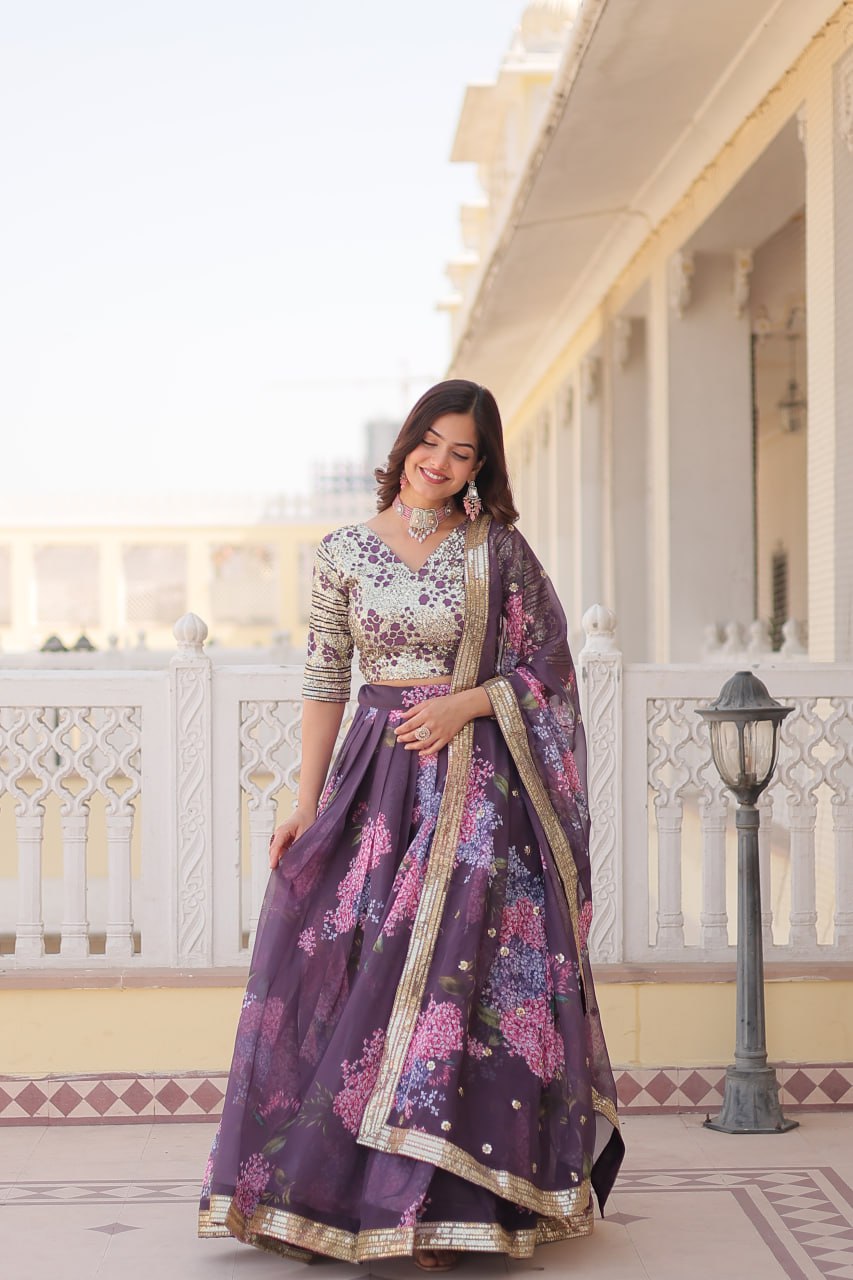 Lorenvalley Purple Russian Silk Digital Printed with Embroidered Sequins work Lehenga Choli | Swadesiicart