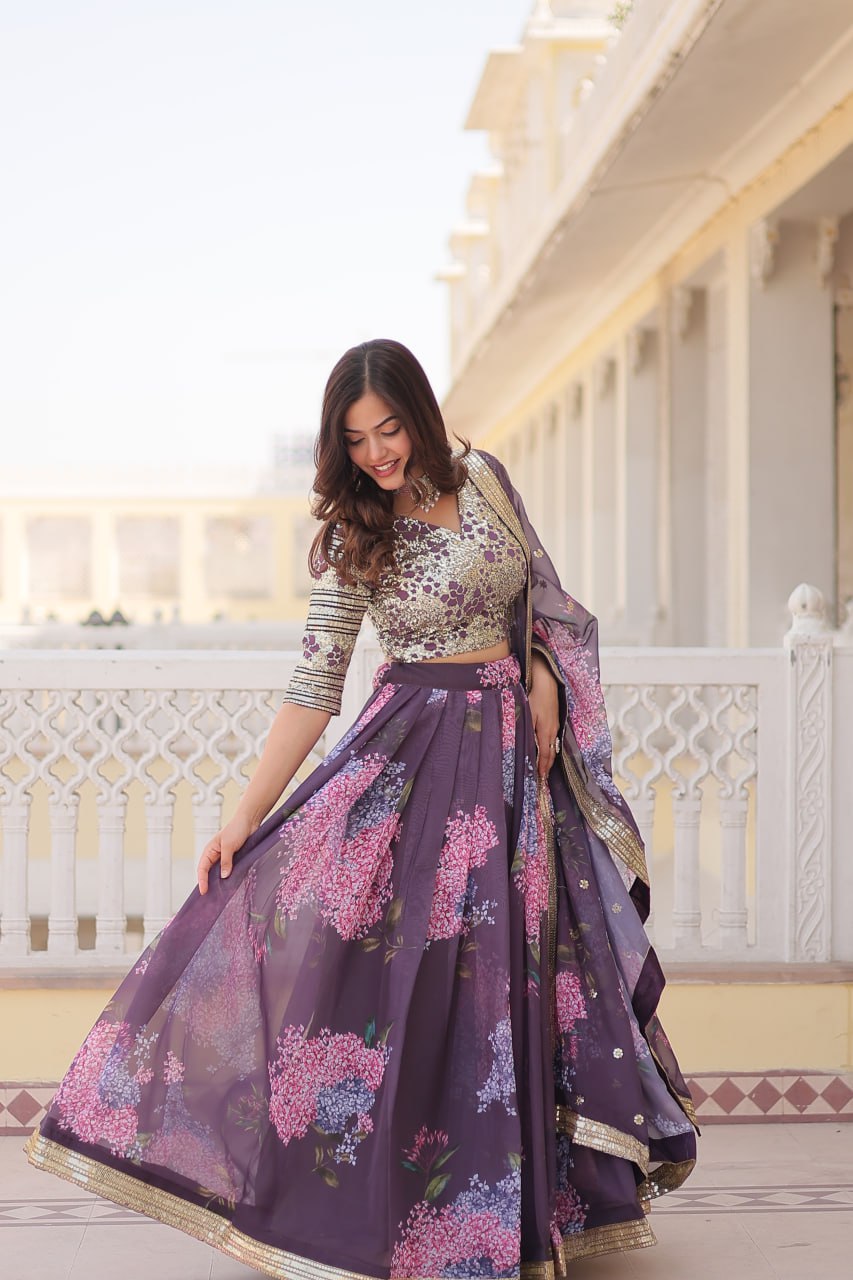 Lorenvalley Purple Russian Silk Digital Printed with Embroidered Sequins work Lehenga Choli | Swadesiicart