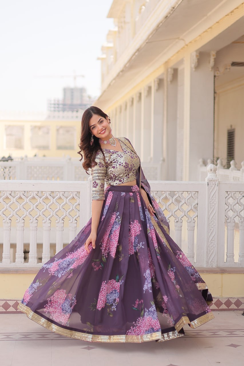 Lorenvalley Purple Russian Silk Digital Printed with Embroidered Sequins work Lehenga Choli | Swadesiicart