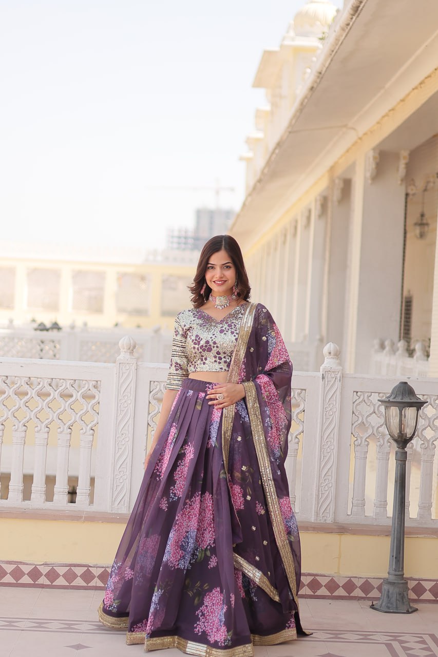 Lorenvalley Purple Russian Silk Digital Printed with Embroidered Sequins work Lehenga Choli | Swadesiicart