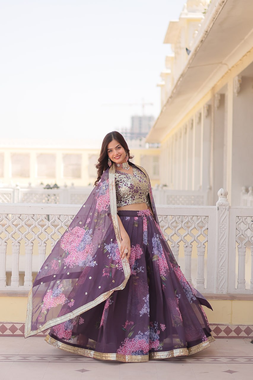 Lorenvalley Purple Russian Silk Digital Printed with Embroidered Sequins work Lehenga Choli | Swadesiicart