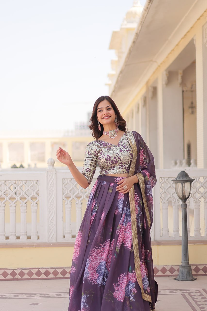 Lorenvalley Purple Russian Silk Digital Printed with Embroidered Sequins work Lehenga Choli | Swadesiicart