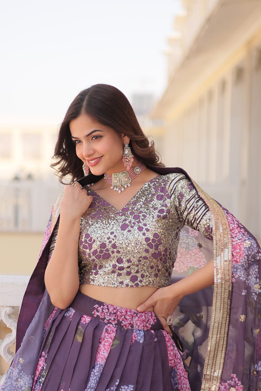 Lorenvalley Purple Russian Silk Digital Printed with Embroidered Sequins work Lehenga Choli | Swadesiicart