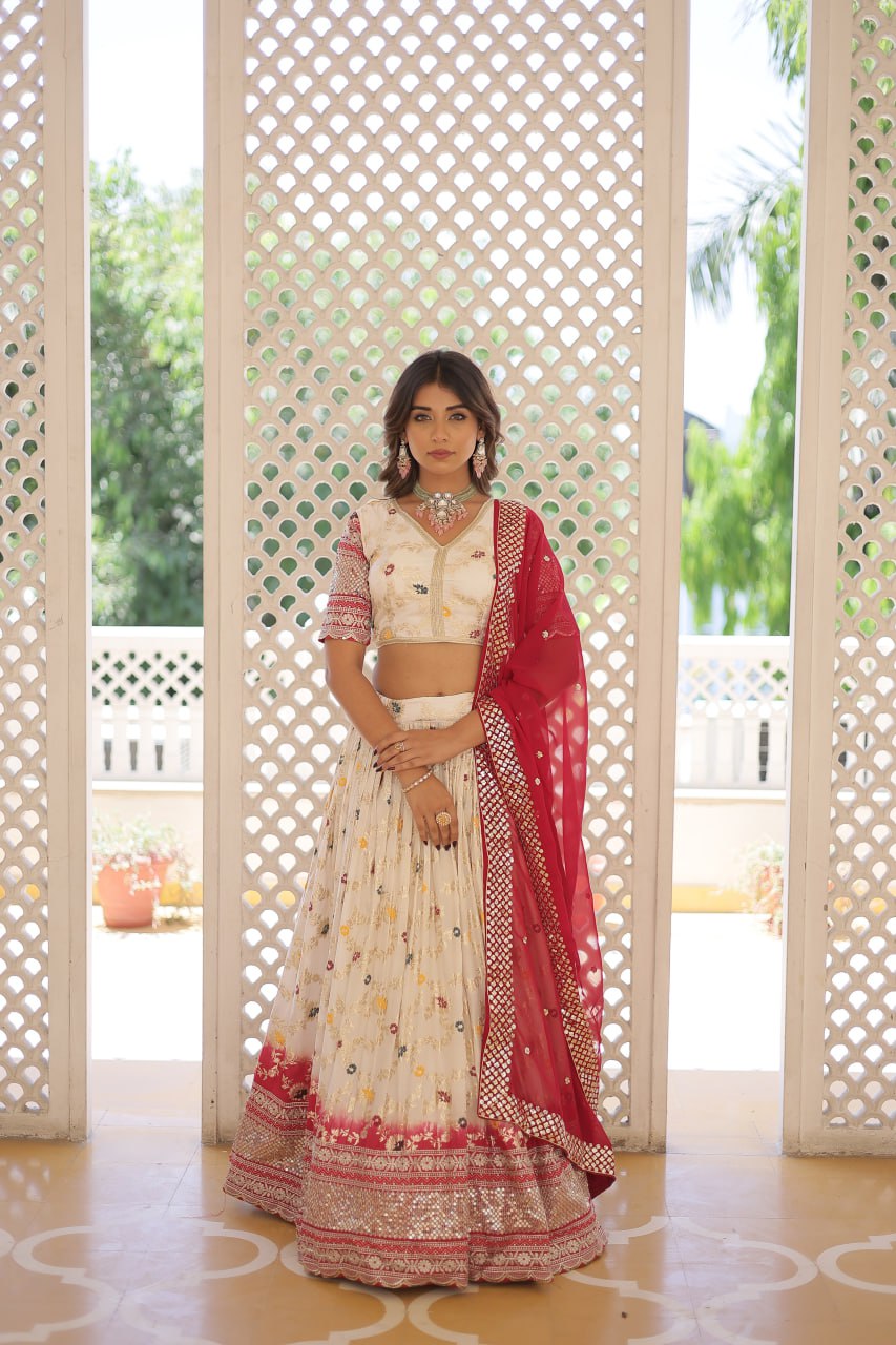 Lorenvalley Cream Pure Viscose Jacquard with 2D Dyeing and Embroidered Sequins work Lehenga Choli | Swadesiicart
