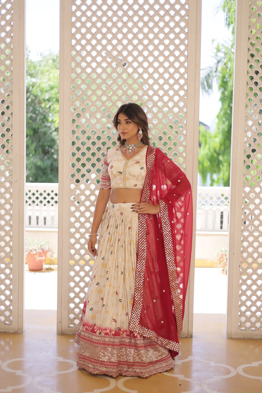 Lorenvalley Cream Pure Viscose Jacquard with 2D Dyeing and Embroidered Sequins work Lehenga Choli | Swadesiicart