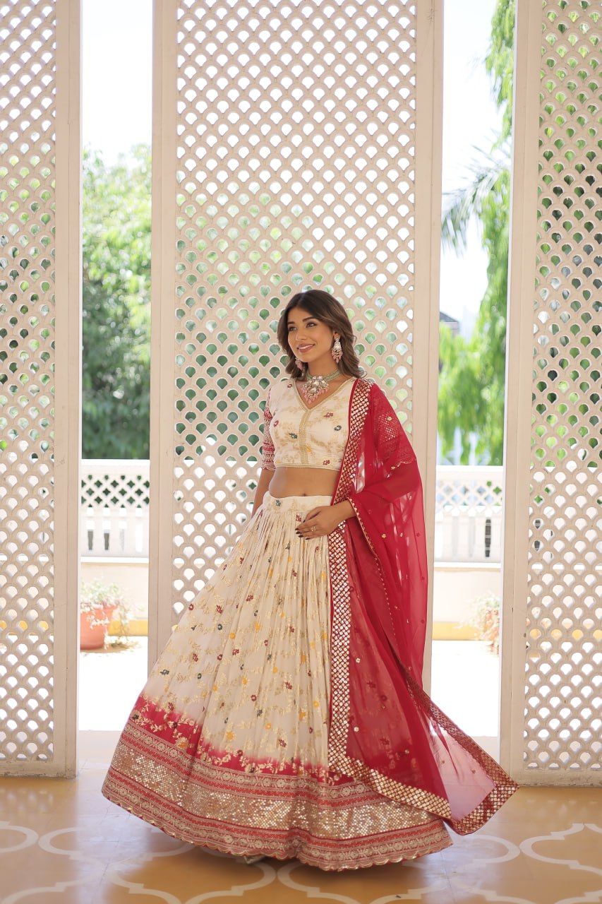 Lorenvalley Cream Pure Viscose Jacquard with 2D Dyeing and Embroidered Sequins work Lehenga Choli | Swadesiicart