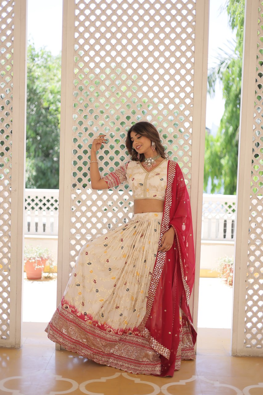 Lorenvalley Cream Pure Viscose Jacquard with 2D Dyeing and Embroidered Sequins work Lehenga Choli | Swadesiicart