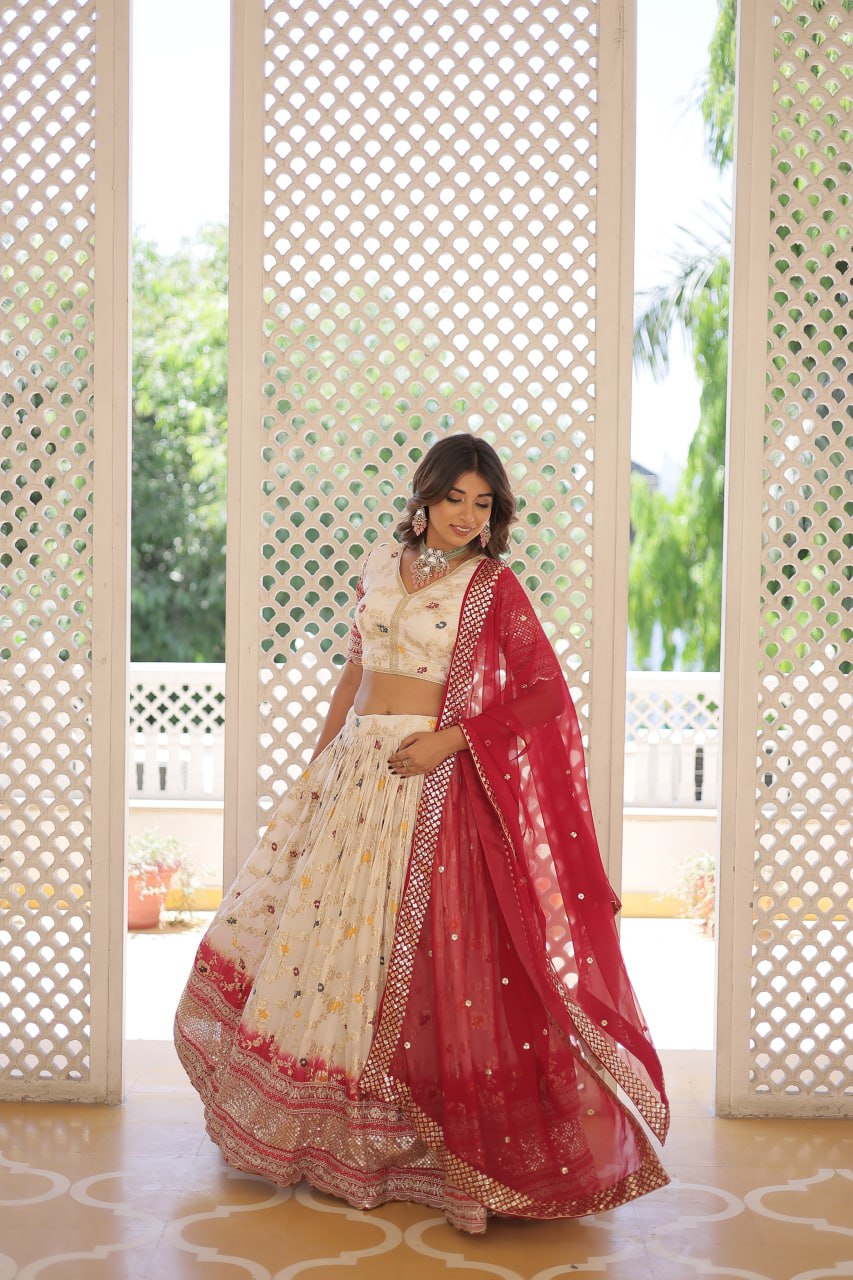 Lorenvalley Cream Pure Viscose Jacquard with 2D Dyeing and Embroidered Sequins work Lehenga Choli | Swadesiicart