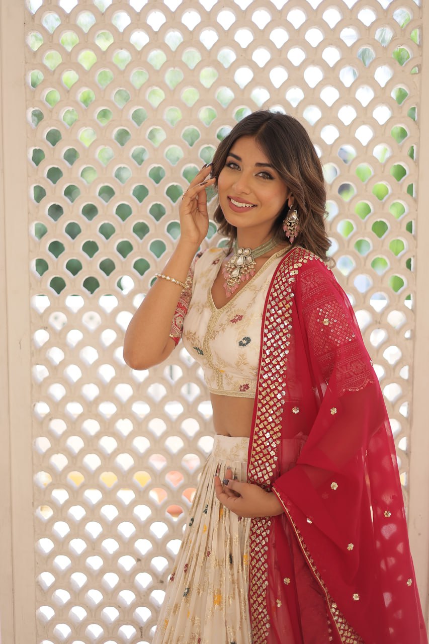 Lorenvalley Cream Pure Viscose Jacquard with 2D Dyeing and Embroidered Sequins work Lehenga Choli | Swadesiicart