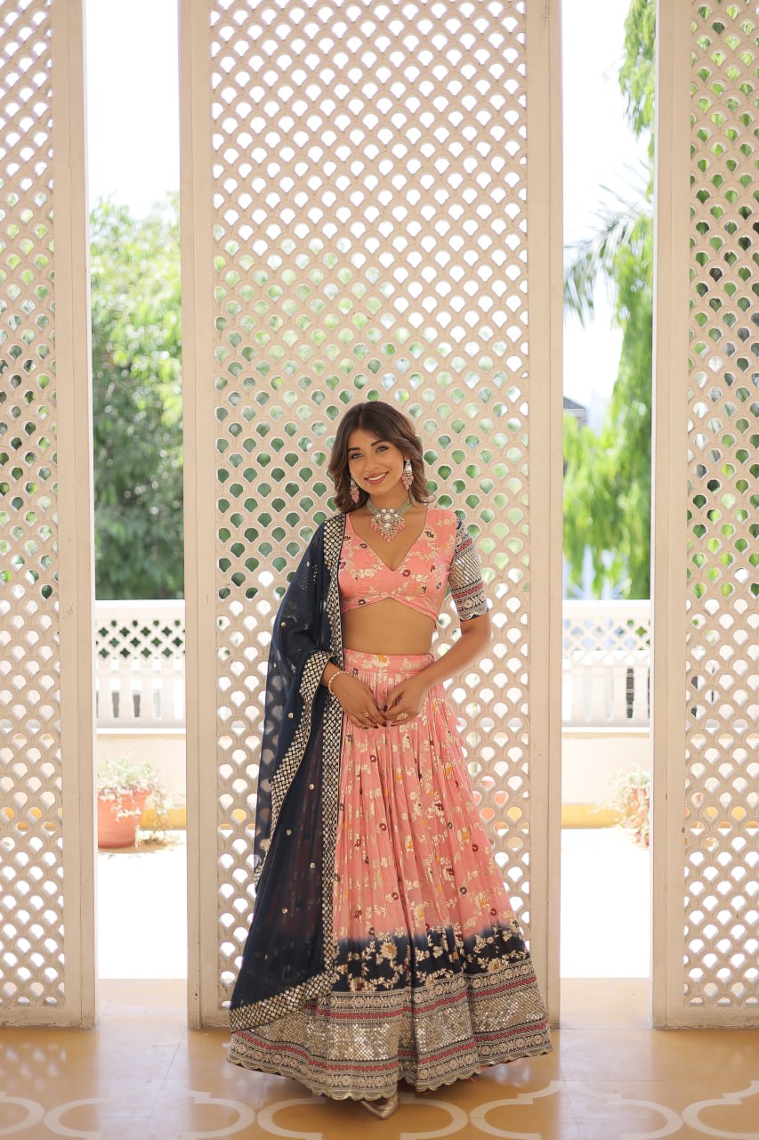 Lorenvalley Peach Pure Viscose Jacquard with 2D Dyeing and Embroidered Sequins work Lehenga Choli | Swadesiicart