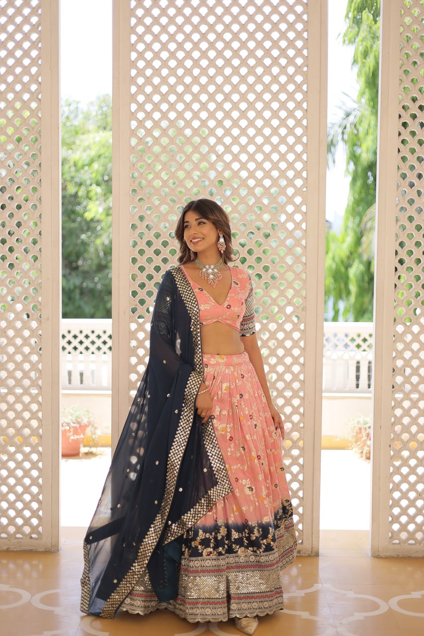 Lorenvalley Peach Pure Viscose Jacquard with 2D Dyeing and Embroidered Sequins work Lehenga Choli | Swadesiicart