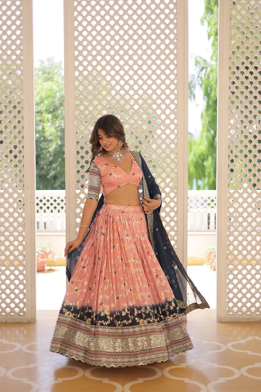 Lorenvalley Peach Pure Viscose Jacquard with 2D Dyeing and Embroidered Sequins work Lehenga Choli | Swadesiicart