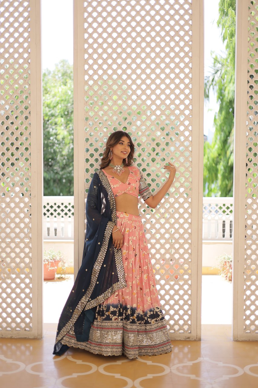Lorenvalley Peach Pure Viscose Jacquard with 2D Dyeing and Embroidered Sequins work Lehenga Choli | Swadesiicart