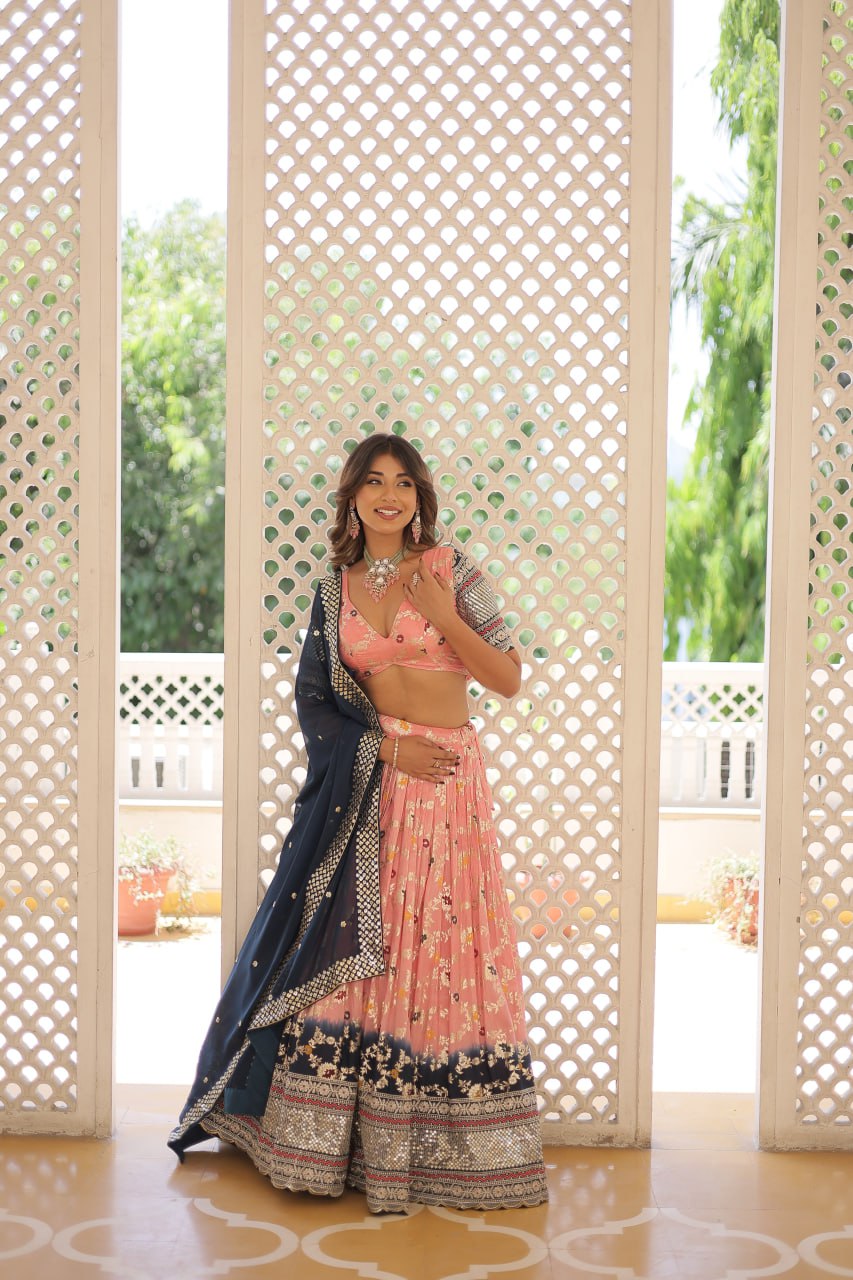 Lorenvalley Peach Pure Viscose Jacquard with 2D Dyeing and Embroidered Sequins work Lehenga Choli | Swadesiicart
