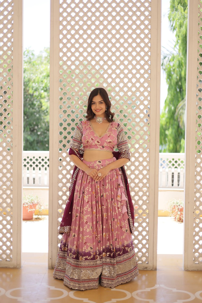 Lorenvalley Pink Pure Viscose Jacquard with 2D Dyeing and Embroidered Sequins work Lehenga Choli | Swadesiicart