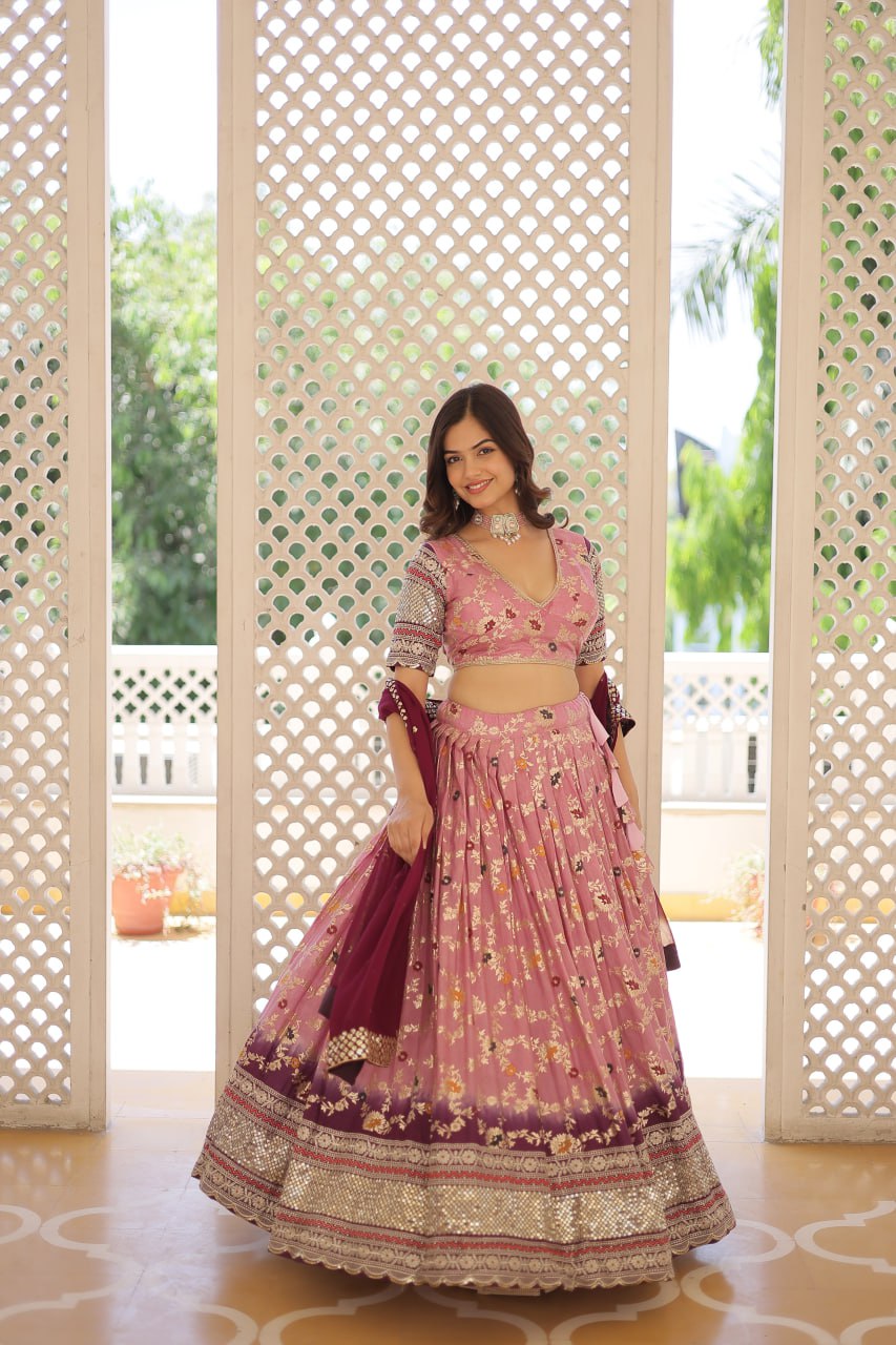 Lorenvalley Pink Pure Viscose Jacquard with 2D Dyeing and Embroidered Sequins work Lehenga Choli | Swadesiicart