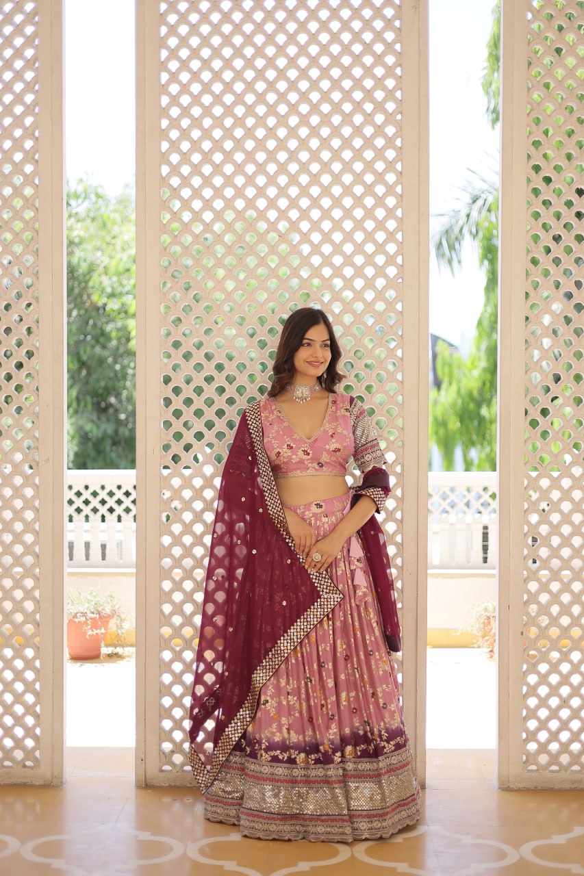 Lorenvalley Pink Pure Viscose Jacquard with 2D Dyeing and Embroidered Sequins work Lehenga Choli | Swadesiicart