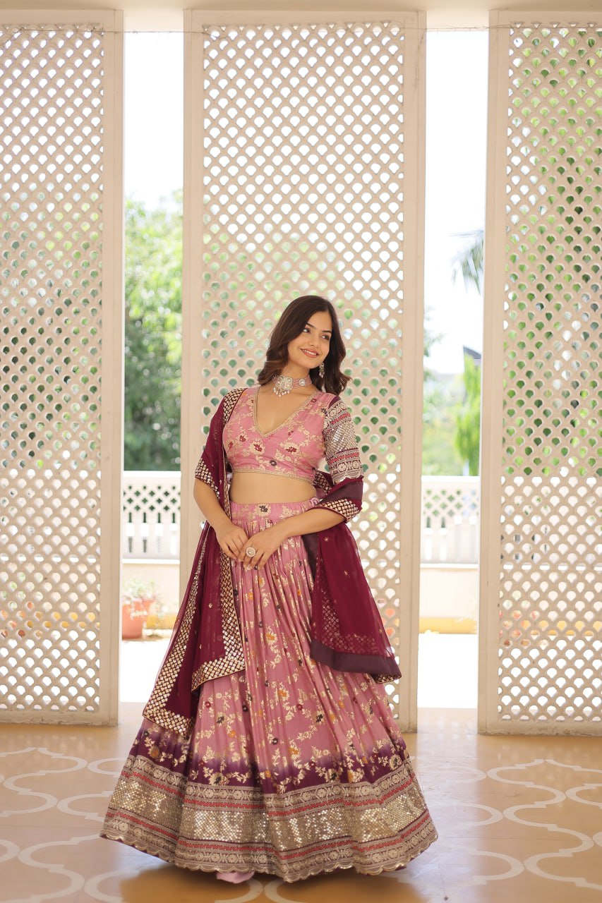 Lorenvalley Pink Pure Viscose Jacquard with 2D Dyeing and Embroidered Sequins work Lehenga Choli | Swadesiicart
