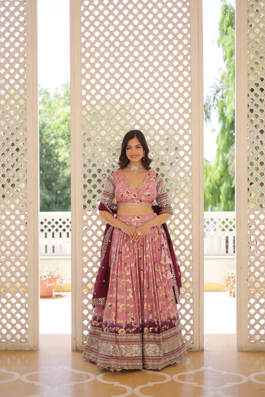 Lorenvalley Pink Pure Viscose Jacquard with 2D Dyeing and Embroidered Sequins work Lehenga Choli | Swadesiicart