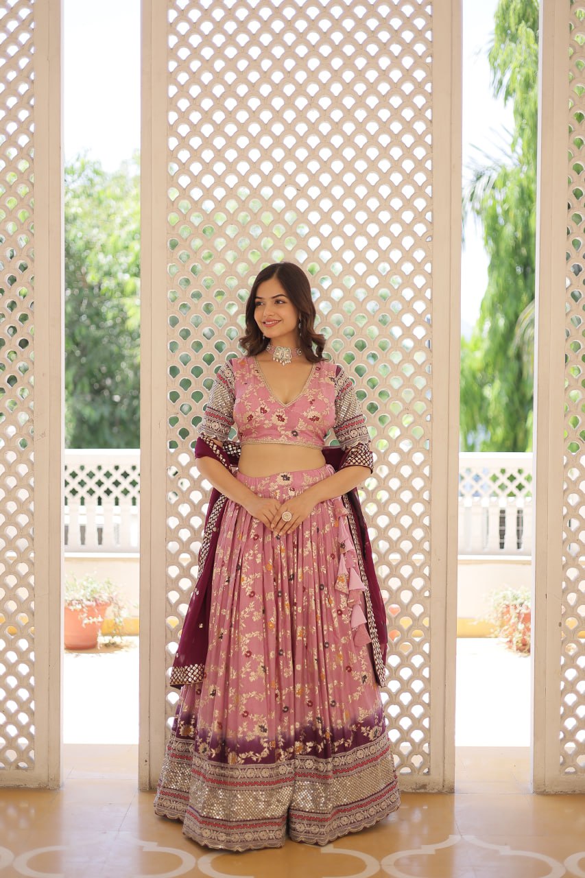 Lorenvalley Pink Pure Viscose Jacquard with 2D Dyeing and Embroidered Sequins work Lehenga Choli | Swadesiicart