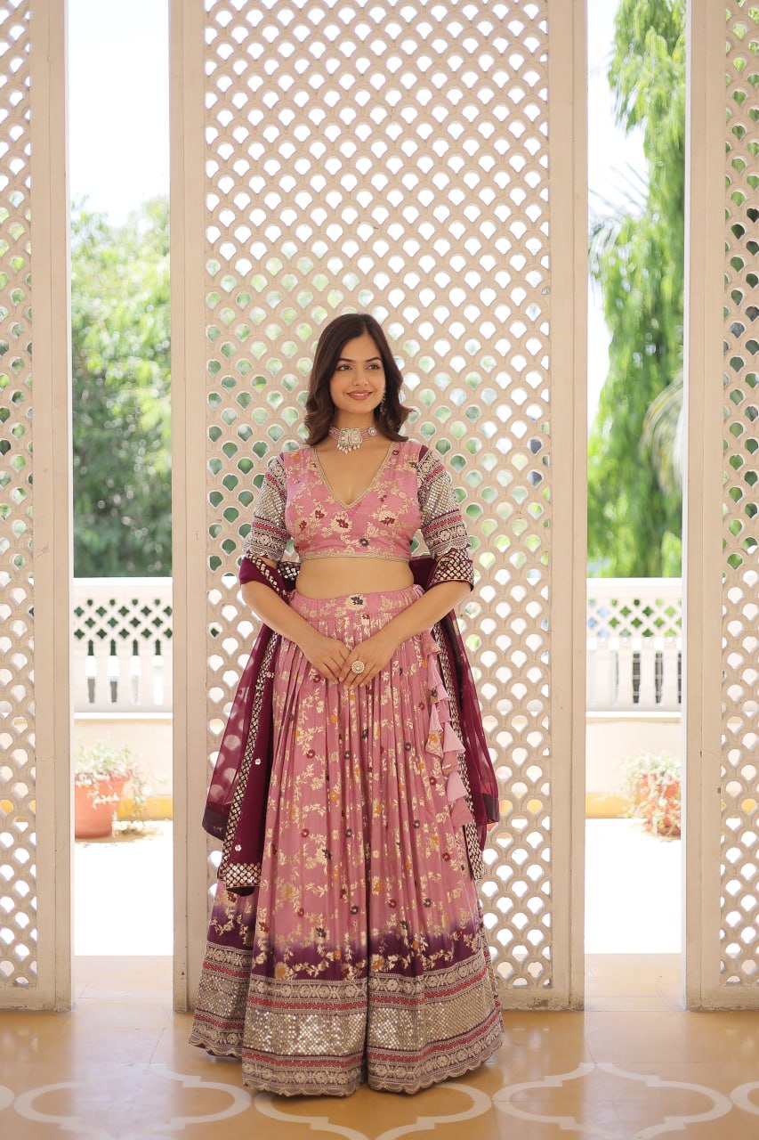 Lorenvalley Pink Pure Viscose Jacquard with 2D Dyeing and Embroidered Sequins work Lehenga Choli | Swadesiicart