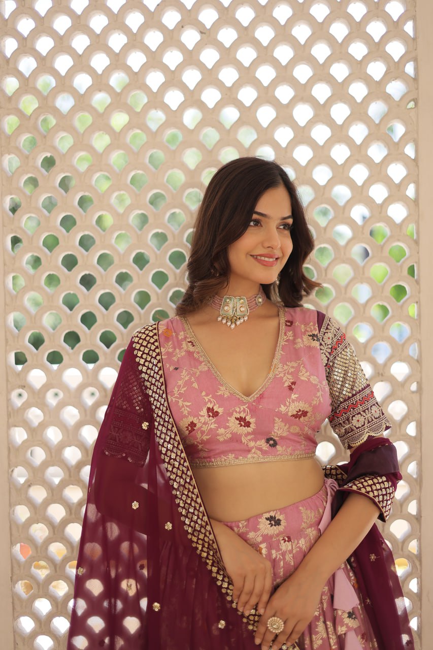 Lorenvalley Pink Pure Viscose Jacquard with 2D Dyeing and Embroidered Sequins work Lehenga Choli | Swadesiicart